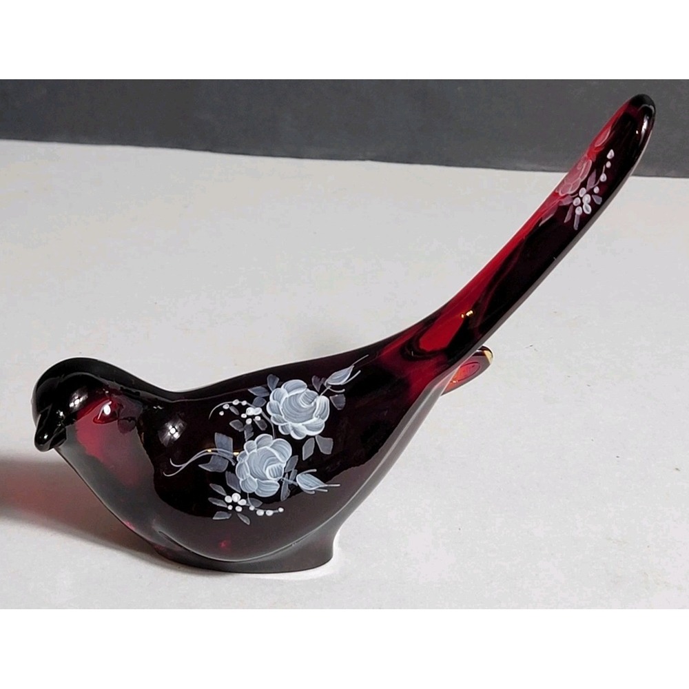Fenton Hand-Painted White Roses Ruby Red Cranberry Glass Bird Signed Excellent